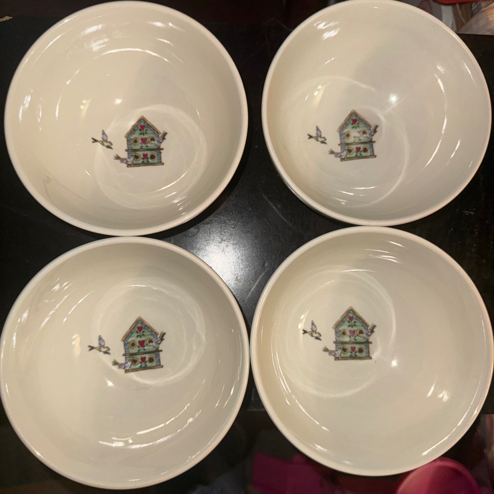Thomson Pottery Birdhouse Hearts Cereal Soup Bowls Set of 4 Cream Stoneware